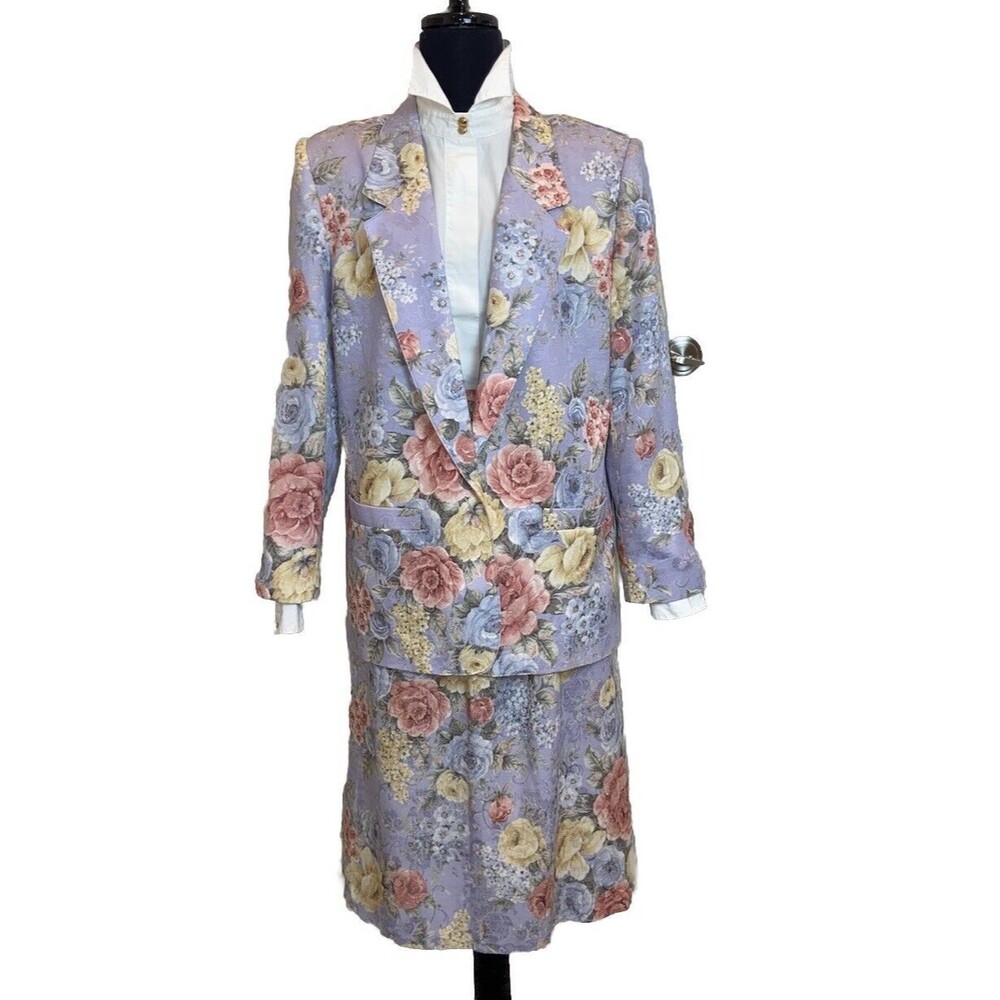 Alfred Dunner Vintage Purple floral Blazer Skirt 2 Piece Set Size T 12 / B 14